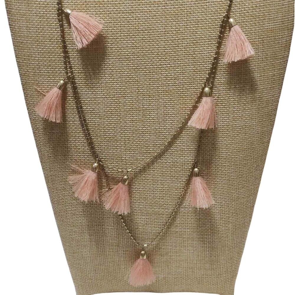 Lucky Brand Womens Layered Tassel Necklace Gold Tone Pink Boho Statement
